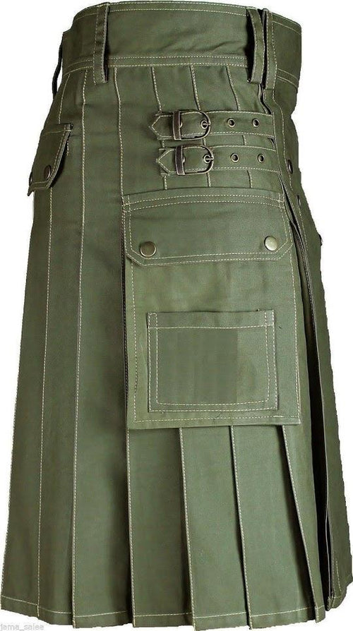 Men's Scottish Olive Green Deluxe Utility Fashion Cargo Sport Kilt - Kilt Box Shop