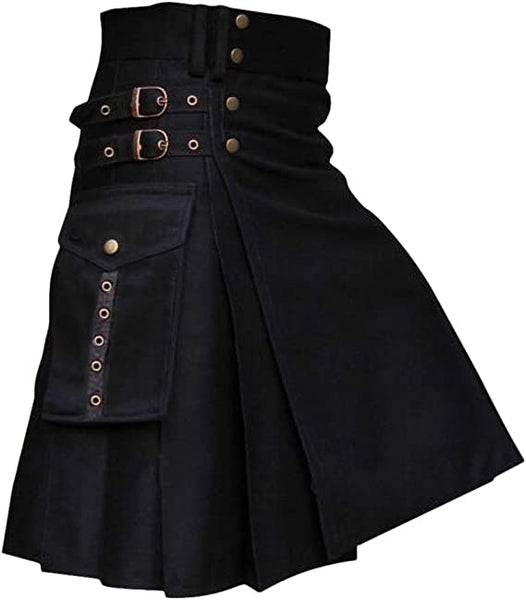 Mens Kilt Utility Scottish Traditional Highland Solid Pleated Buckle Straps Costume Kilts with Cargo Pockets in 3 Colors