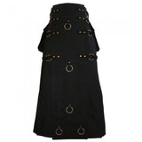 Long Black Gothic Cotton Utility Kilt Steampunk Design Leather Straps & Chains - Kilt Box Shop
