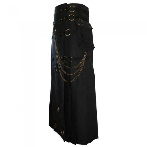 Long Black Gothic Cotton Utility Kilt Steampunk Design Leather Straps & Chains - Kilt Box Shop