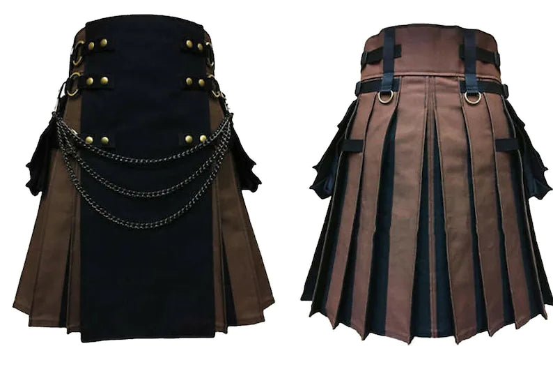 Mens Hybrid Kilt Fashion Kilt Tactical Black & Brown Kilt With Chain Wedding Utility Kilts For Men