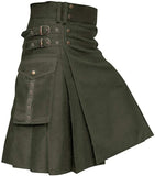 Mens Kilt Utility Scottish Traditional Highland Solid Pleated Buckle Straps Costume Kilts with Cargo Pockets in 3 Colors