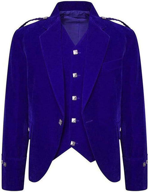 Men's Blue Color Velvet Scottish Highland Argyle Kilt Jacket & Waistcoat